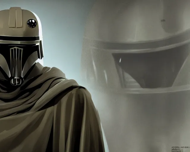 Prompt: star wars film still, closeup portrait of a dirty sand trooper mandalorian bounty hunter wearing a hooded cloak, standing in a cantina, dust, scum and villainy, rim light, embers, hyper detailed, smooth, high contrast, concept art, gta v, volumetric lighting, ralph mcquarrie, doug chiang, ryan church