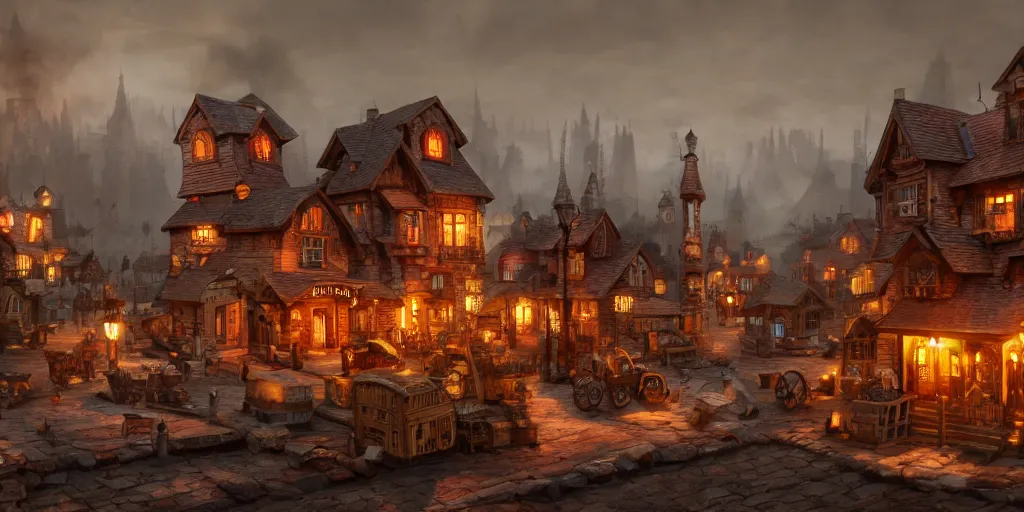 Image similar to a small steampunk wooden village, rich, soft colours, natural, steam, big clocks, concept art, octane render, unreal engine, in the style of luca guadagnino, highly detailed, high quality, artstation, digital art, 8 k hdr, cinematic, dramatic lighting, scenic, rich colour scheme