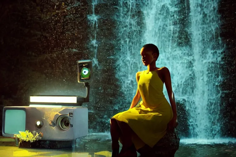 Image similar to beautiful woman robot sitting under a waterfall from 2099, bathed in the glow of a crt television, tv screens in background, low-light photograph, in style of Tyler Mitchell