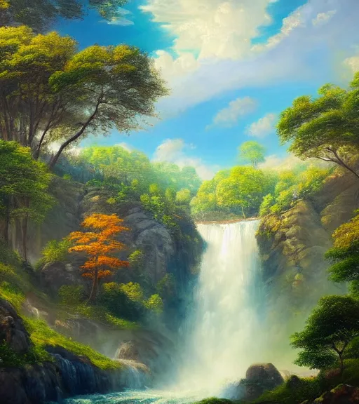 Image similar to the most beautiful panoramic landscape, oil painting, where a giant dreamy waterfall creates a river, the trees around are starting to bloom, cinematic lighting, highly detailed