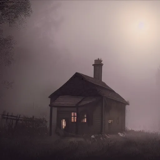 Prompt: Village, horror, fog, foster, highly detailed, one house, fear, hyper realistic, atmospheric lighting