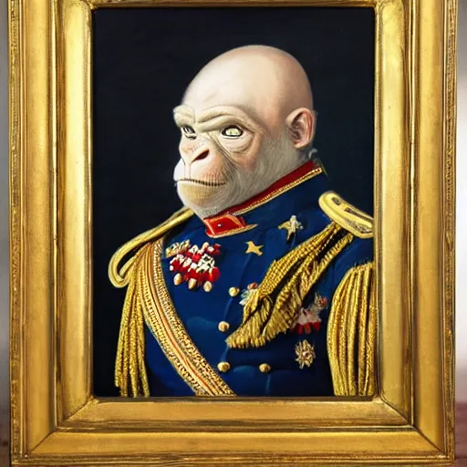 Image similar to An exquisite modern painting of a chimpanzee dressed like a bearded Napoleon with correct military uniform, no frames