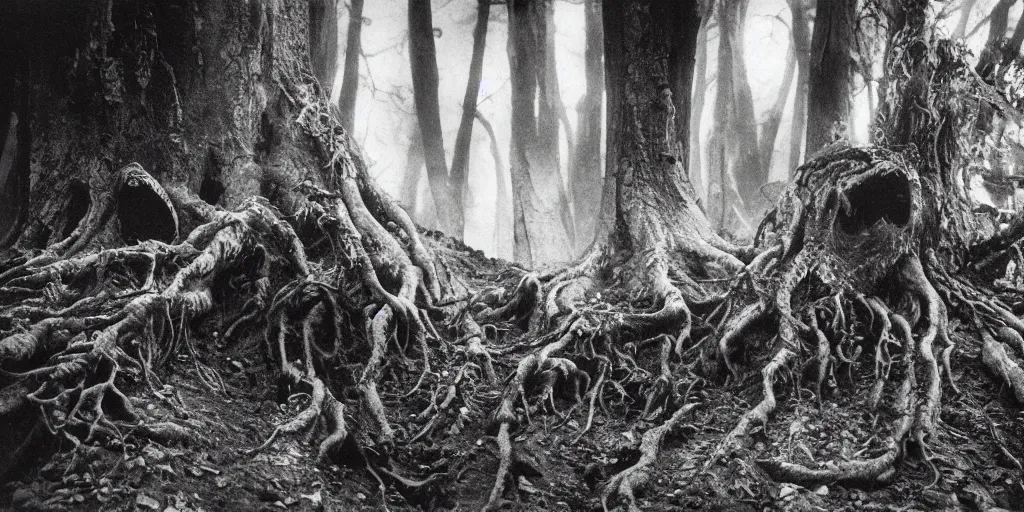 Image similar to 1 9 2 0 s photography of monster root creatures creeping and lurking in dark forest in the dolomites