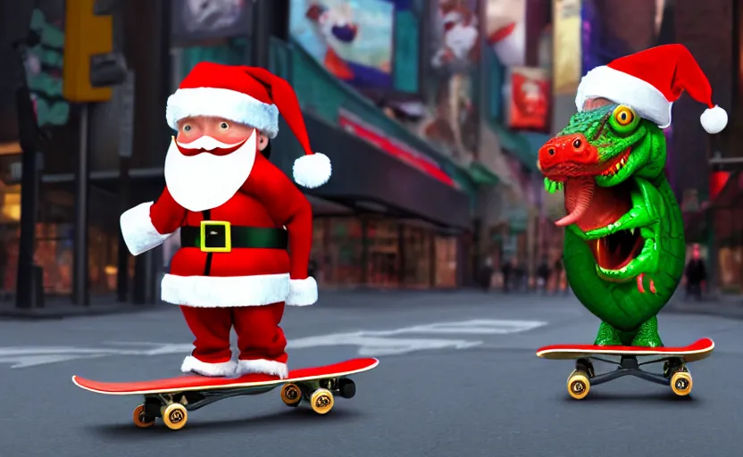 Image similar to a crocodile, dressed as santa claus, on a skateboard in the streets of new york city, concept art, digital illustration, unreal engine, trending on artstation