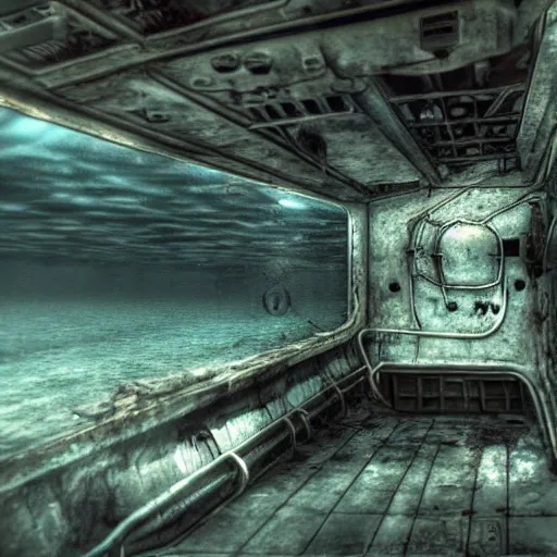 Image similar to shipwrecked soviet submarine interior, underwater, polaroid photograph, cinematic Eastman 5384 film, artstation