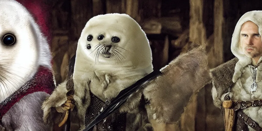 Prompt: a baby harp seal dressed in a witcher costume, dressed as geralt from the witcher, medieval, fantasy, film still