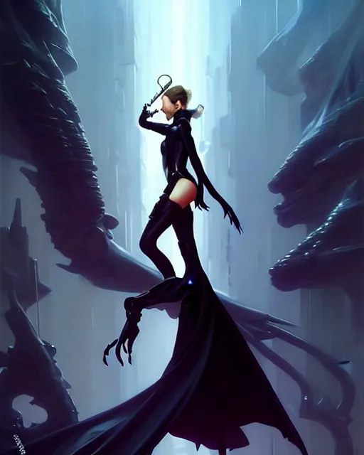 Image similar to beautiful fantasy character portrait, natalie portman, wearing oversized black trench coat, ultra realistic, wide angle, dramatic lighting, vultures, very seductive pose, cyberpunk artifacts, highly detailed by peter mohrbacher, hajime sorayama, wayne barlowe, boris vallejo, aaron horkey, gaston bussiere, craig mullins