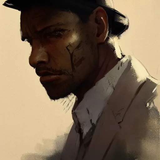 Image similar to a beautiful portrait of a gangster by greg rutkowski and bill sienkiewicz trending on artstation