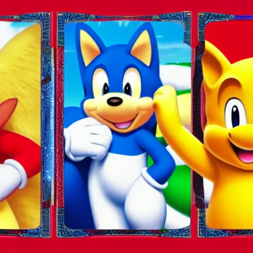 Image similar to photograph of winnie the pooh and super mario and sonic the hedgehog anime style, on pokemon card packs at target