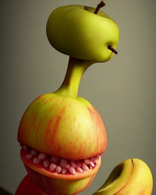 Image similar to a fruit figurine monster, apple head, banana hair, surrealist oil painting, highly detailed, dramatic lighting, hyperrealistic, 8 k, artstation, cgsociety