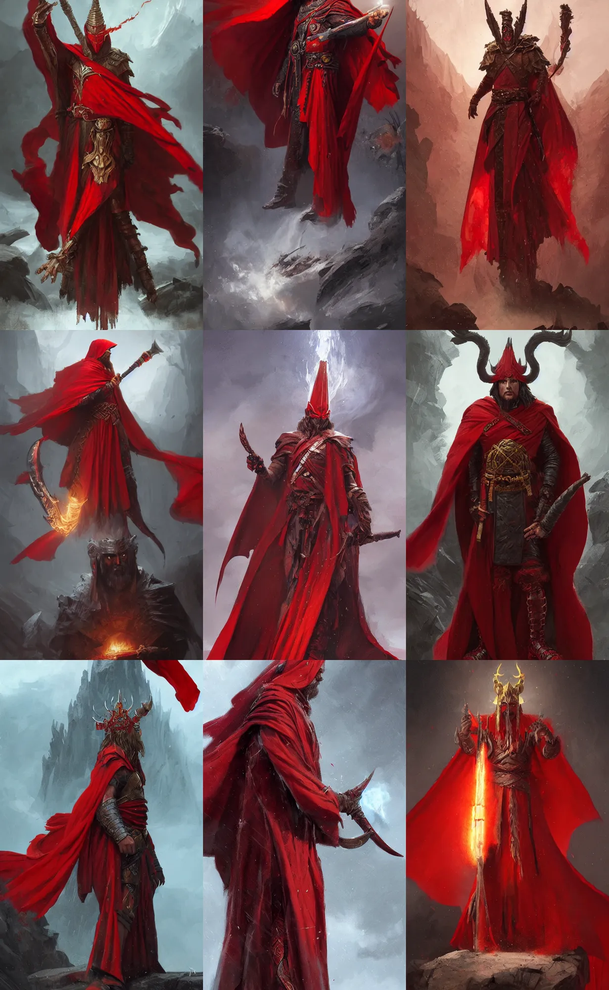 Prompt: ancient fire wizard with red cape and horn headdress, highly detailed, digital painting, artstation, concept art, sharp focus, illustration, art by aleksi briclot and greg rutkowski and raphael lacoste and magali villeneuve