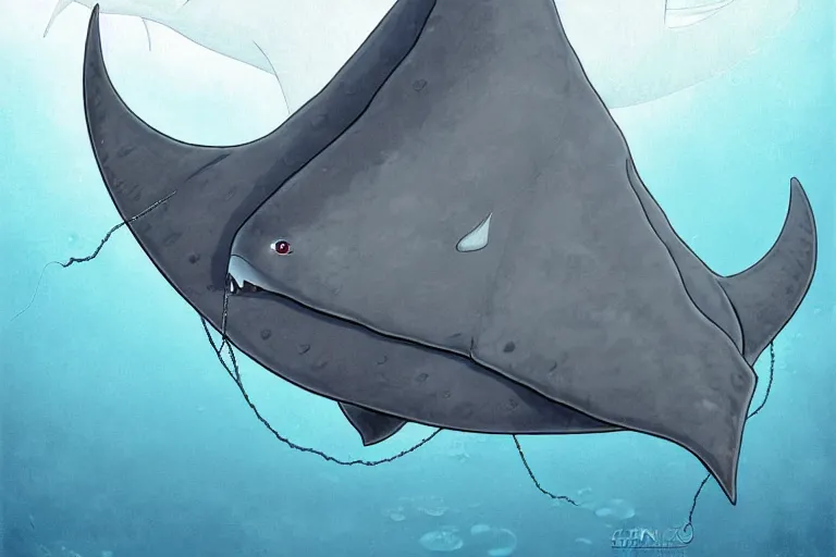 Image similar to cell shaded cartoon of a giant lovecraftian mechanized grey manta ray from howl's moving castle ( 2 0 0 4 ), in an icy river, full body, wide shot, very muted colors, post grunge, studio ghibli, highly detailed, deviantart, art by artgem