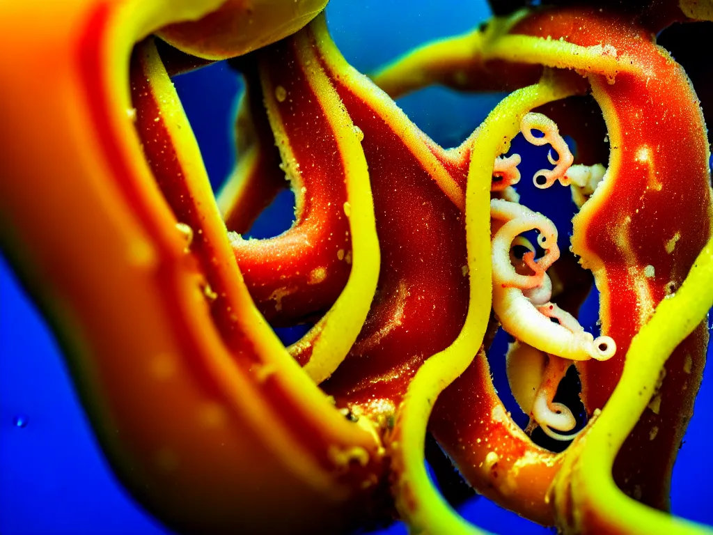 Prompt: a perfect portrait of a cross section of a squid with tiny humans burrowing wormlike through its juicy interior. macro extreme, eye popping wet colours.