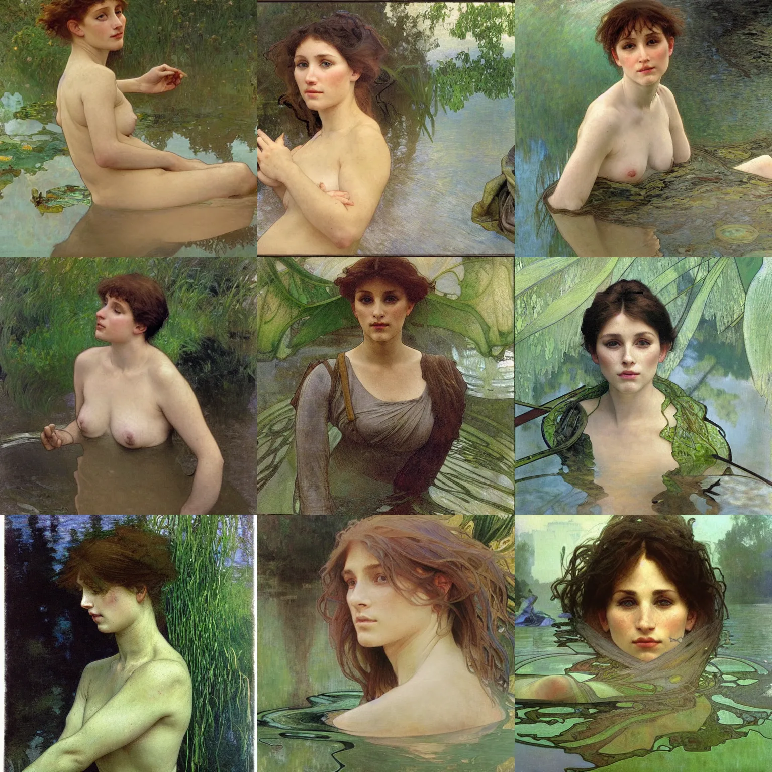 Prompt: hyperrealist portrait in a river, half body, green water algae by alphonse mucha and lucian freud and bouguereau, fog, very detailed faces