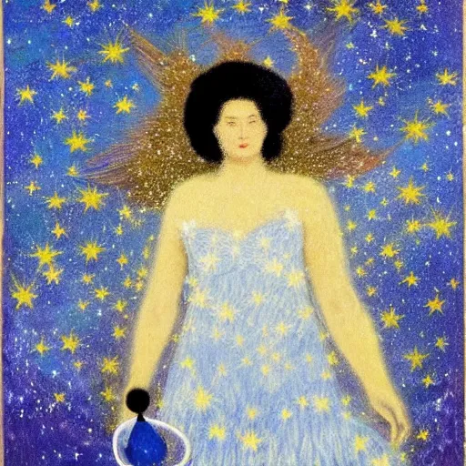 Prompt: The experimental art features a woman with wings made of stars, surrounded by a blue and white night sky. The woman is holding a staff in one hand, and a star in the other. She is wearing a billowing white dress, and her hair is blowing in the wind. violet by Mordecai Ardon, by Ivan Shishkin turbulent, earthy