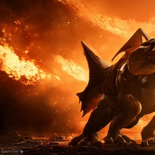 Image similar to Charizard in gears of war, splash art, movie still, detailed face, photorealistic facial features, cinematic lighting, dramatic, octane render, long lens, shallow depth of field, bokeh, anamorphic lens flare, 8k, hyper detailed, 35mm film grain