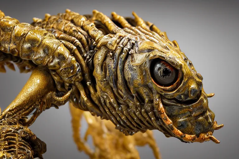 Image similar to photo taken of an epic intricate, ultra detailed, super realistic sculpture of a wet, slimy, nightmarish hellish demonic trilobite creature on display in a workshop, created by weta workshop, zoomed in shots, photorealistic, sharp focus, f 0. 4, face centred, macro photography, golden ratio, kodachrome