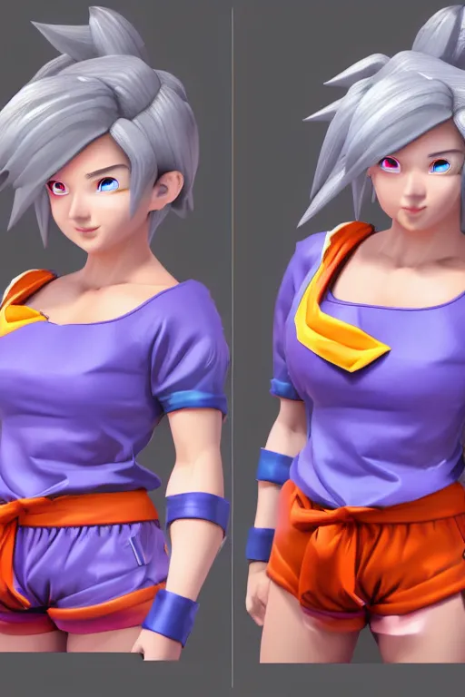 Image similar to high resolution 3d render of kawaii female goku, unreal engine 5, trending on artstation, volumetric lighting, subsurface scattering