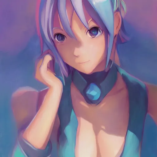 Prompt: aqua from konosuba, painting, cool color palette, refreshing, soft lighting, by hayao myazaki, by wlop