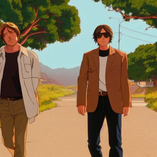 Image similar to anime still of once upon a time in hollywood art by Dice Tsutsumi, Makoto Shinkai, Studio Ghibli!!!!, Studio ghibli art style, art by Dice Tsutsumi, Makoto Shinkai, Studio Ghibli!!!!