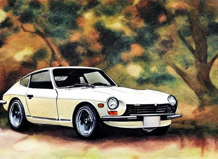 Image similar to 1970 Datsun 240Z in the style of Ken Sugimori