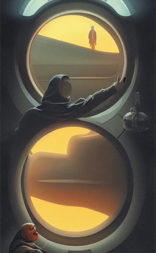 Image similar to portrait of a blind monk in a spaceship, looking out the window at a planet, orange robe, dramatic lighting, artstation, matte painting, ralph mcquarrie