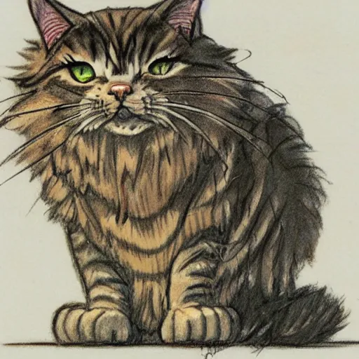 Image similar to anthropomorphic humanoid cat, extra fluffy Persian tabby cat standing on two feet, drawing by Don Bluth, colored pencil sketch with feathery lines, drawing by Yoshitaka Amano