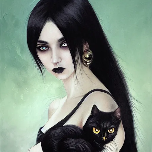 Image similar to a painting of an emo mexican woman with long dark hair thick eyebrows dark eyes and dark circles wide nose big eyes oval face shape big cheeks holding her cat, photorealistic painting by tran nguyen ilya kuvshinov and greg rutkowski featured on deviantart, gothic art, goth, gothic, detailed painting