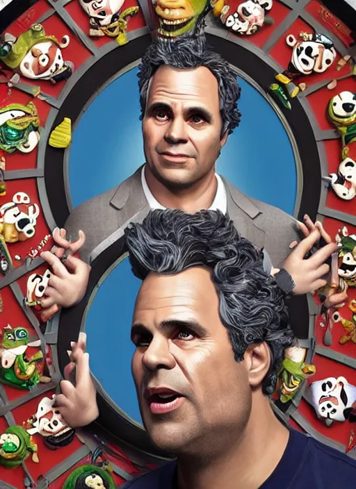 Image similar to hyperrealistic mark ruffalo on a dartboard with a trippy surrealist mark ruffalo portrait surrounded by big fat sausages by aardman animation and Kotobukiya