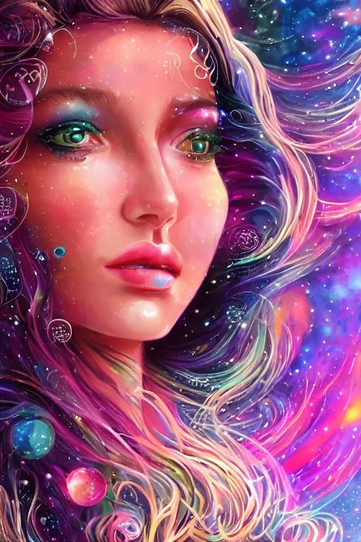 Image similar to a super realistic beautiful young womans face, magical, space stars and planets in her hair, windblown, intricate, synth-wave, retrowave, colorful, highly-detailed, elegant, dramatic lighting, gorgeous face, lifelike, photorealistic face, long luxurious intricate gown, digital painting, artstation, illustration, concept art, smooth, sharp focus, art by Jude Palencar, John Collier, artgerm, and Albert Aublet and Krenz Cushart and Artem Demura and Alphonse Mucha