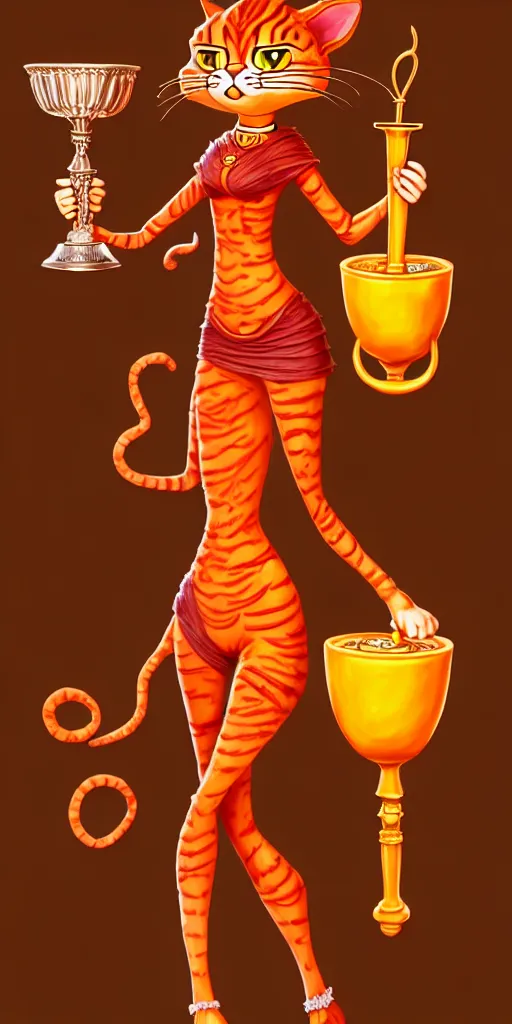 Prompt: fullbody!! personification of garfield the cat garfield goddess holding a blood chalice and lasagna, detailed, stunning, garfield cat face, hyperrealistic, trending on artstation, smooth and sharp, intricate, highly detailed, elegant, professional character concept art by tatyana kupriyanova