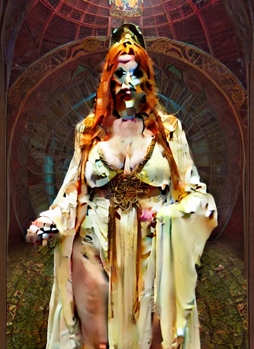 Prompt: portrait of a full body of curvy young female solarpunk priestess in byzantine robes, fantasy, flat lighting, intricate, highly detailed, digital painting, artstation, concept art, smooth, sharp focus, illustration, art by simon bisley and greg rutkowski and alphonse mucha, natural tpose