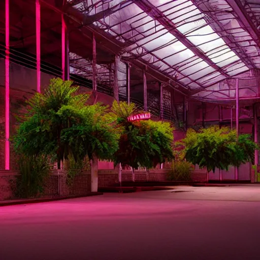 Image similar to a indoor abandoned parking lot with overgrown plants, magenta lighting, neon, cyberpunk, art by Simon Stalenhag, cinematic, 4k