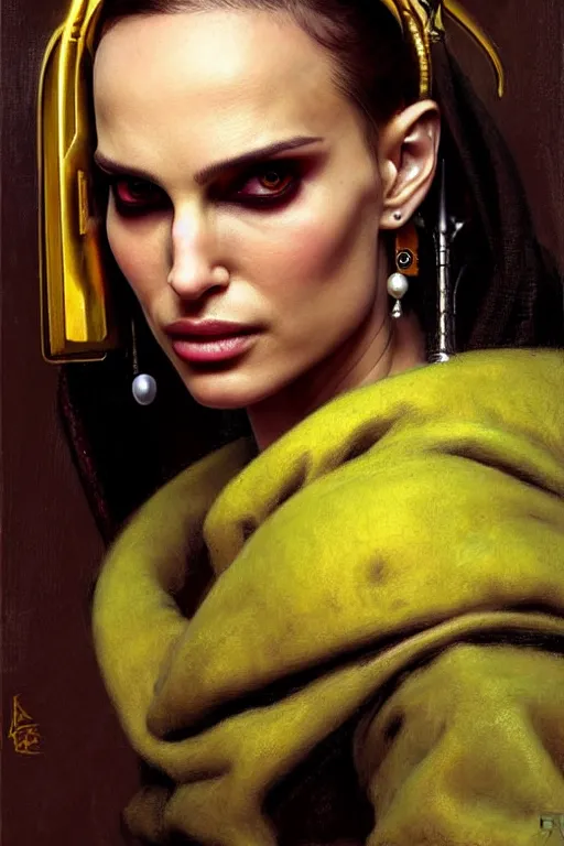 Image similar to character portrait cyberpunk warhammer 4 0 k, natalie portman as the girl with the pearl earring character design, painting by gaston bussiere, katsuya terada, frank frazetta, tom of finland, trending on artstation