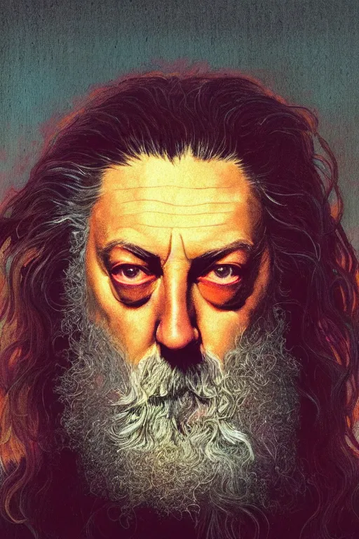 Prompt: a close-up portrait of Alan Moore, dramatic backlighting, golden hour, autochrome, high contrast, highly detailed, sharp focus, digital painting, concept art, illustration, rock, comicpunk, trending on artstation, art by greg rutkowski and Shepard Fairey, composition by alphonse mucha