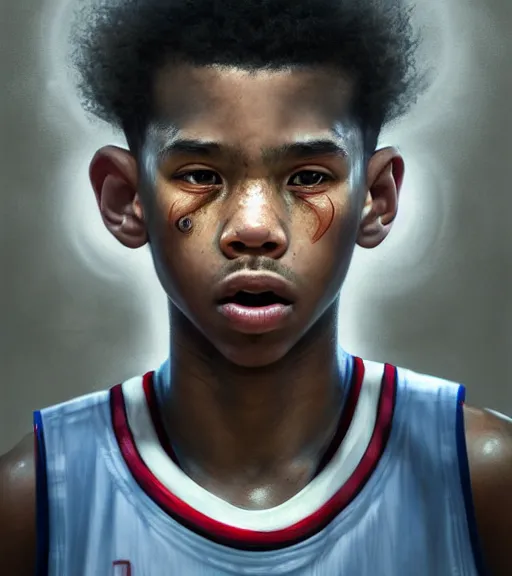 Prompt: portrait of a boy at a basketball court playing basketball wearing a basketball jersey in a basketball court standing near the basketball hoop, intense emotion, (detailed facial expression), detailed surroundings, intricate, elegant, highly detailed, centered, digital painting, artstation, concept art, smooth, sharp focus, illustration, by (Peter Mohrbacher), WLOP