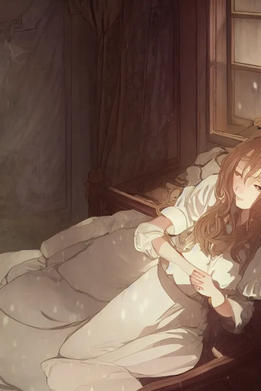 Image similar to a girl in a maid's outfit in the bedroom typing front the notebook a night, raining outside the window, wavy white long hair, by krenz cushart and mucha and akihito yoshida and makoto shinkai and greg rutkowski, 4 k resolution