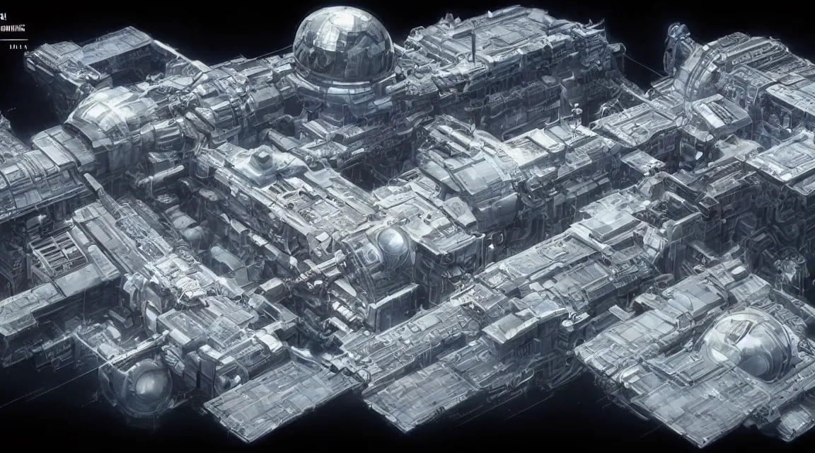 Image similar to the forbidden space-station+detailed blueprint and schematic with text and illustrated zoomed-in snippets+8k optane render 3d unreal engine glorious intricate detailed superb+pristine and clean design+Center Frame, intricate details, ultra-detailed, DIY maker styling printed with futuristic 3d modeling technology, colossal, desaturated, concept art, with highly detailed blueprints and text, marker concept art style rendering