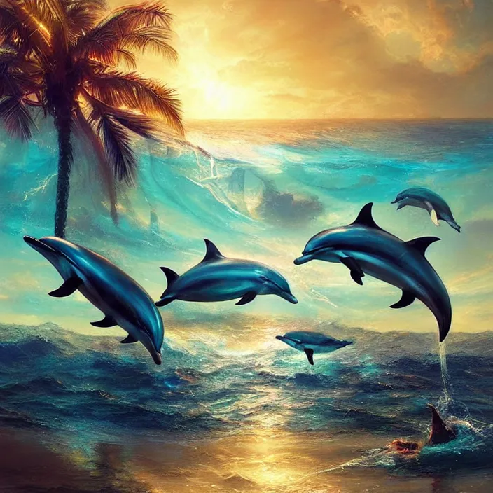 Image similar to dolphins swimming, golden hour, god rays, dreamscape by artgerm and ruan jia and ismail inceoglu and greg olsen, cosmos, milky way galaxy, masterpiece, beautiful, intricate, elegant, highly detailed, palm trees