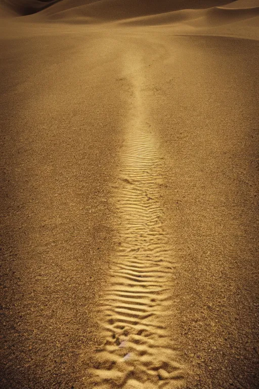 Prompt: walking down a single path in a desert, dream, tonemapped, sepia, photorealistic