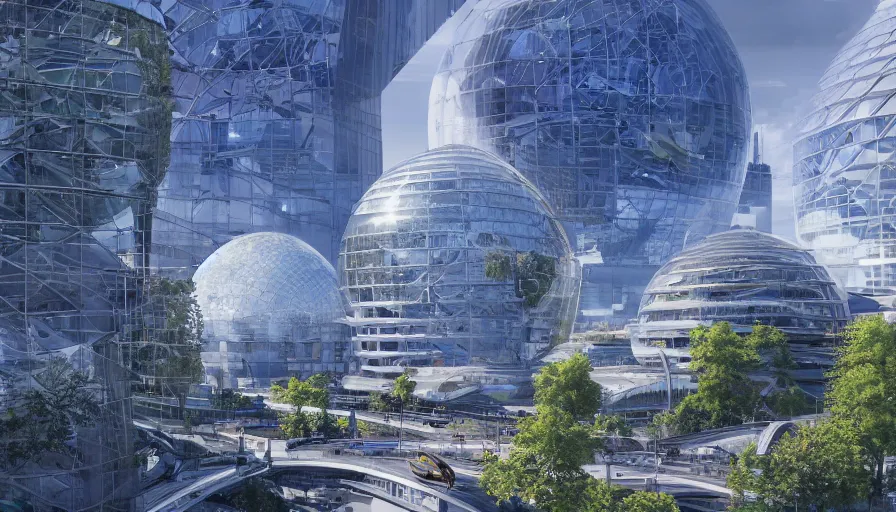 Prompt: futuristic berlin with white glass domes, blue glass skyscrapers, green place, crowded highways, alleys with trees, sunlight, reichstag building, hyperdetailed, artstation, cgsociety, 8 k