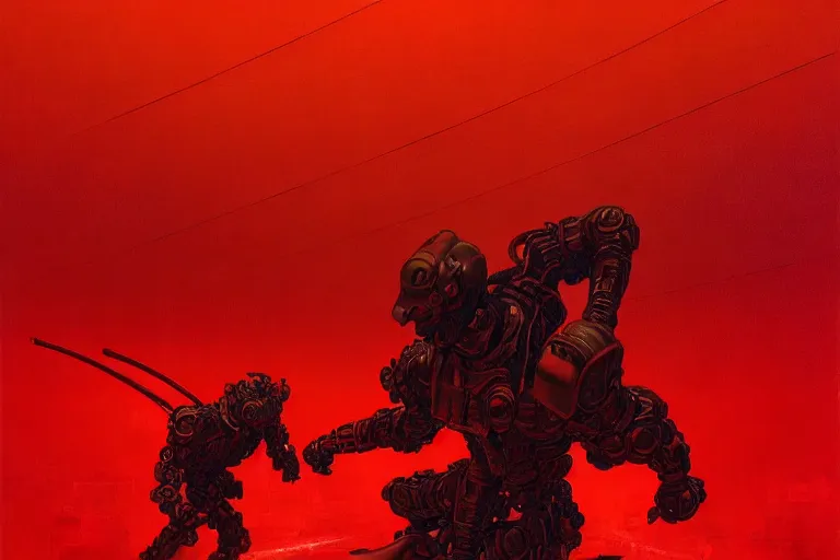 Image similar to only with red, a red cyborg samurai, tokio futuristic in background, some evil yokai fight, in the style of beksinski, parts by edward hopper, parts by rodcenko, parts by yue minjun, intricate and epic composition, red by caravaggio, insanely quality, highly detailed, masterpiece, red light, artstation, 4 k