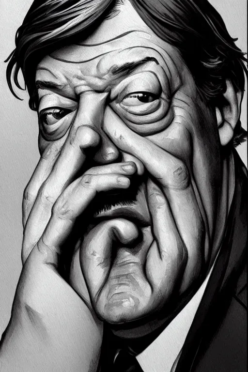 Image similar to stephen fry winking his left eye at the camera, in the style of art by artgerm and greg rutkowski and alphonse mucha