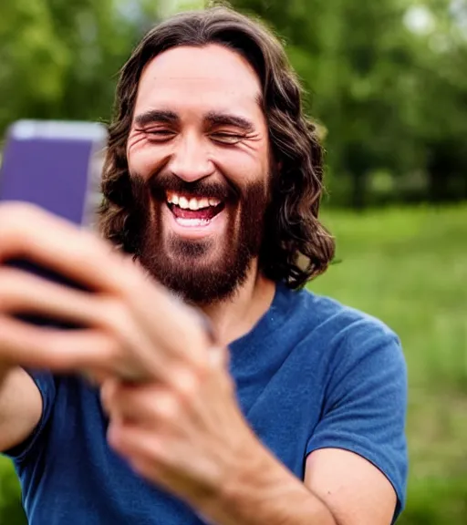 Image similar to Jesus taking a selfie. He is laughing. Professional photo