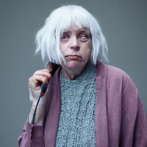 Image similar to Billie Eilish as an old lady, XF IQ4, 150MP, 50mm, F1.4, ISO 200, 1/160s, natural light