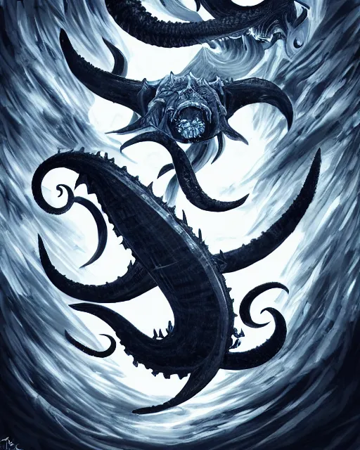 Prompt: A huge blue kraken in a vast sea, terrifying, black and white, fantasy art, monster art, in the style of masami kurumada, illustration, epic, fantasy, intricate, hyper detailed, artstation, concept art, smooth, sharp focus, ray tracing