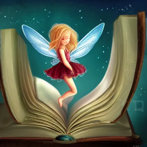 Image similar to you can see a big old open book in close - up. above the book floats a small sweet fairy, digital painting, fantasy art