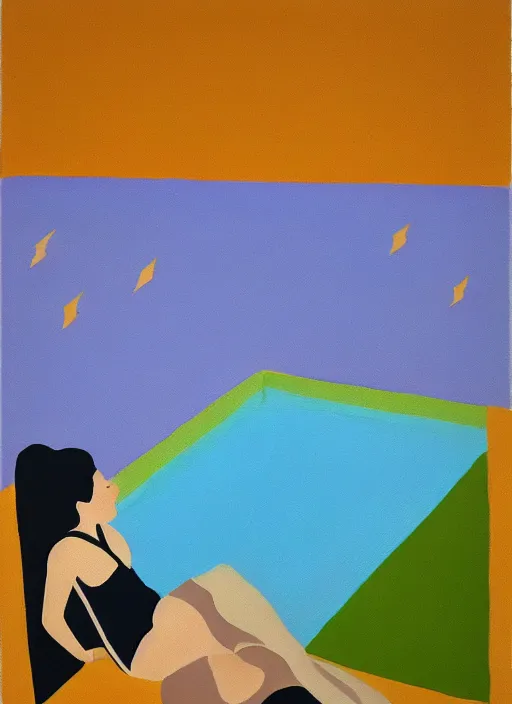 Image similar to a girl, in retro swimsuit, lying by the pool, 7 0 - s, minimalist oil painting by etel adnan flat colors, beautiful lightning, sharp