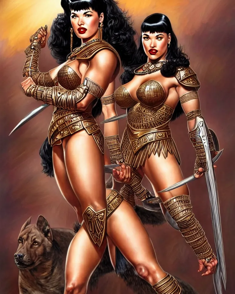 Image similar to a young bettie page as an amazon warrior, tall and beautiful with brown skin and long hair, dressed in hellenistic body armor, intricate, elegant, highly detailed, smooth, sharp focus, detailed face, complete head, one body, art by ardian syaf