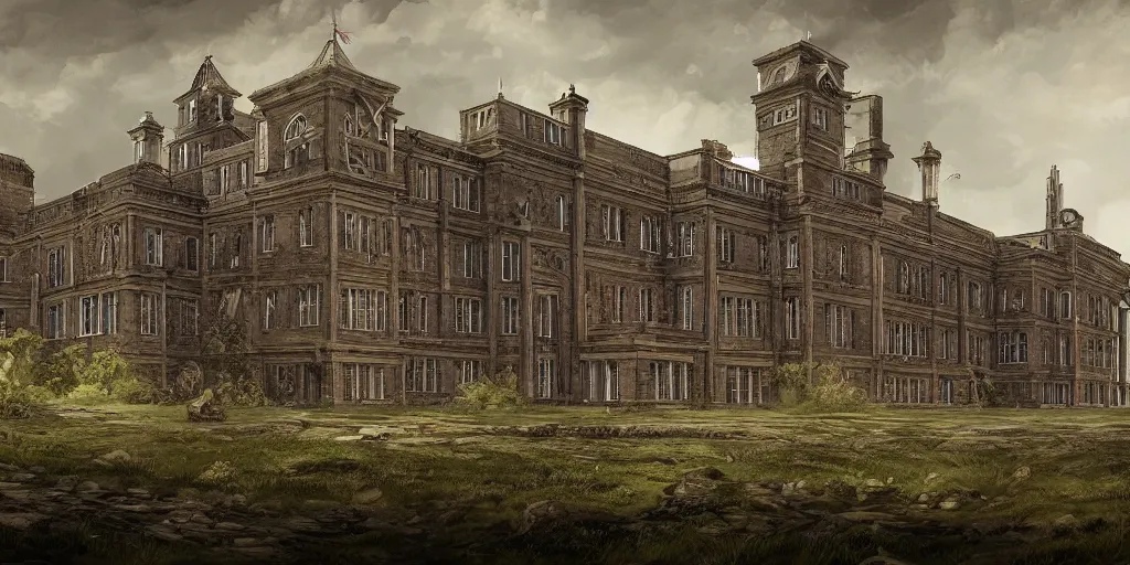 Image similar to Lunatic Asylum, exterior, majestic, detailed, epic scenery, dark fantasy, concept art